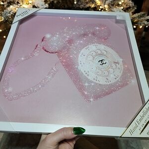 Coco Chanel white framed fashion pink glittered rotary phone wall art